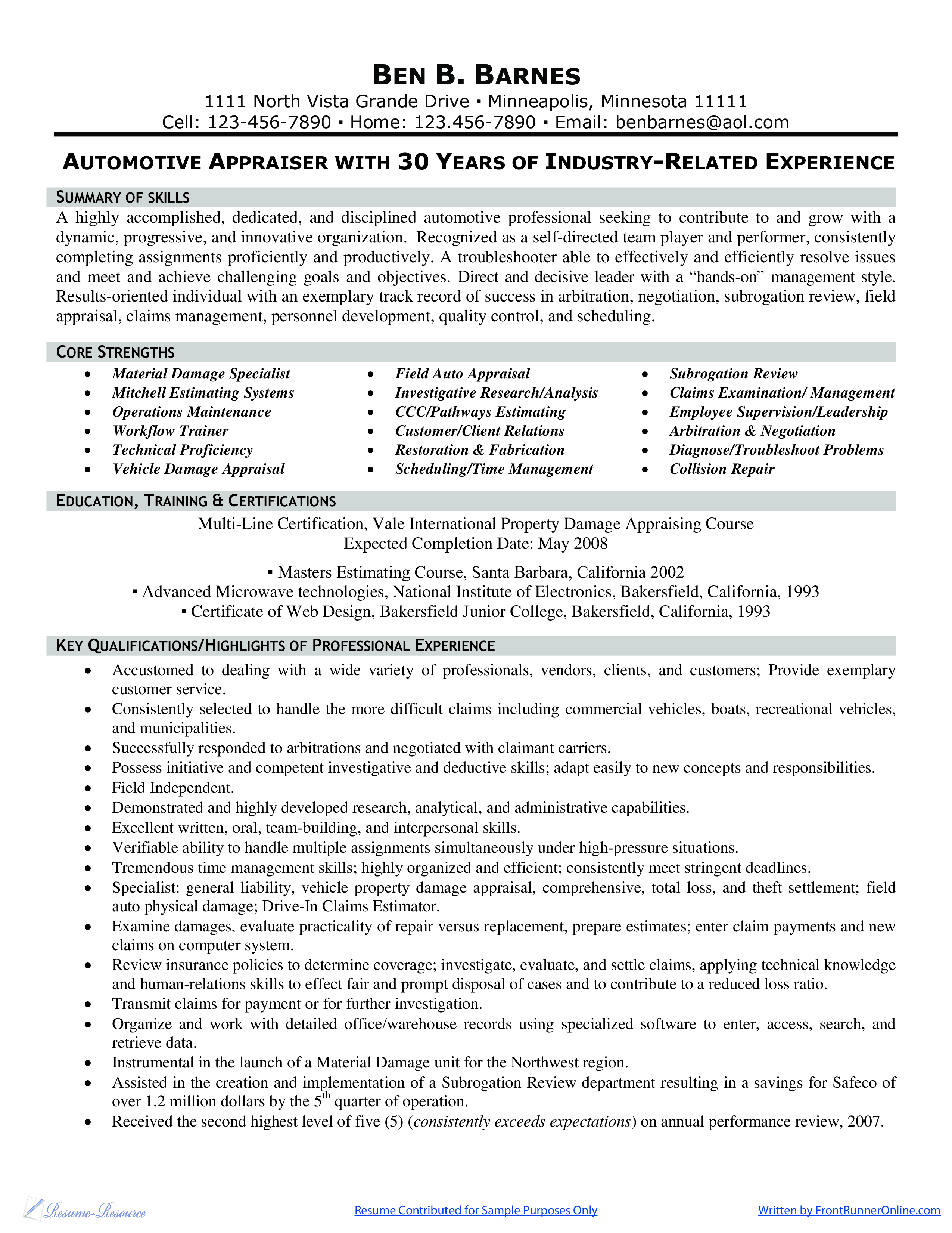 Automotive Appraiser & Adjuster Resume 模板
