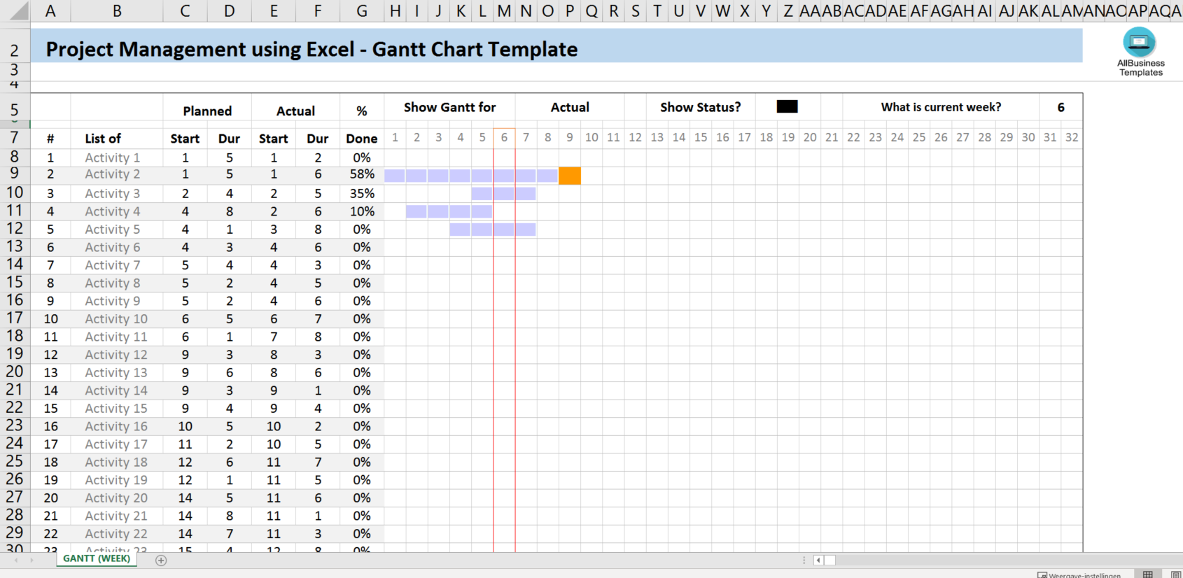 Printable Gantt Chart Excel spreadsheet 模板