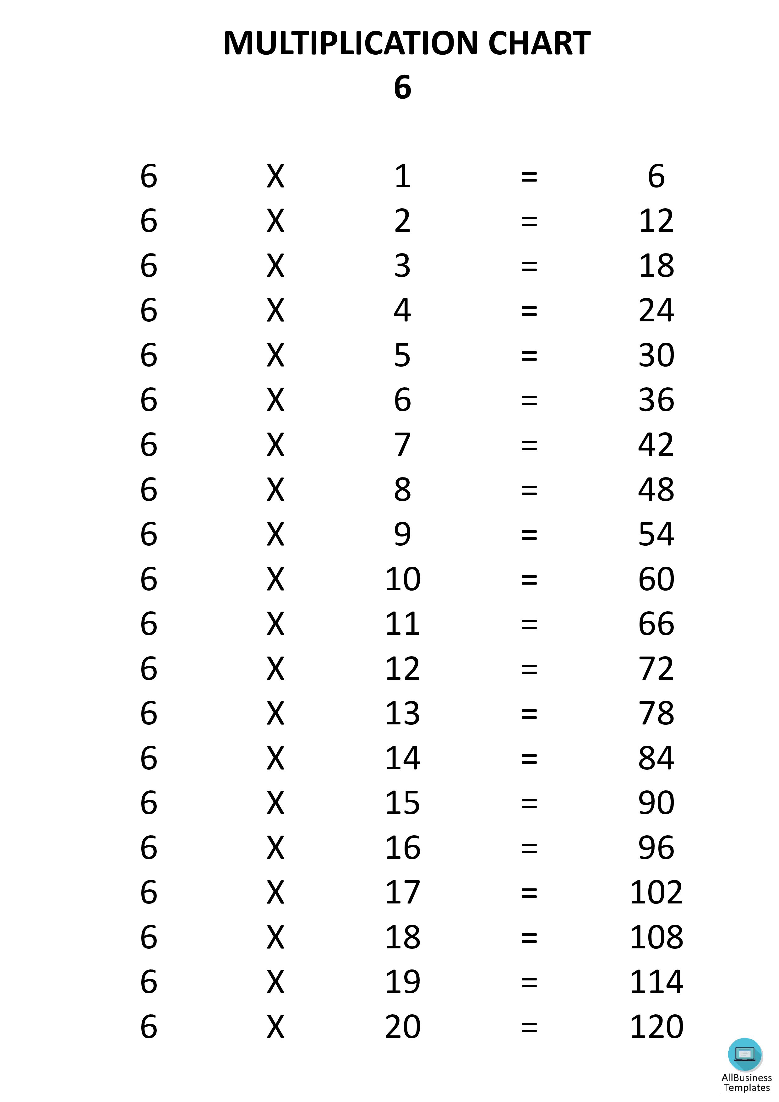 x6 times table chart template