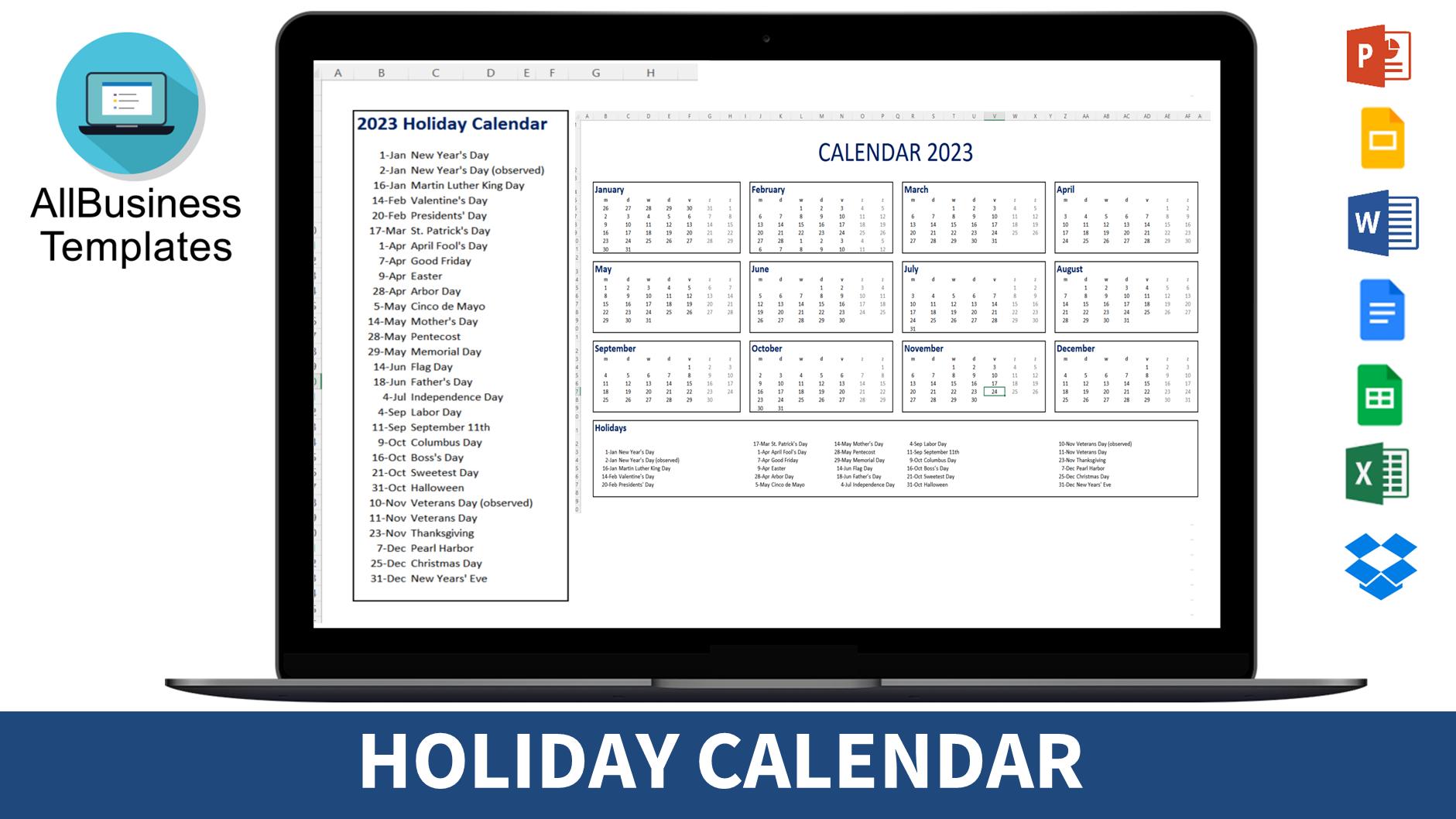 Holiday Calendar PDF 模板
