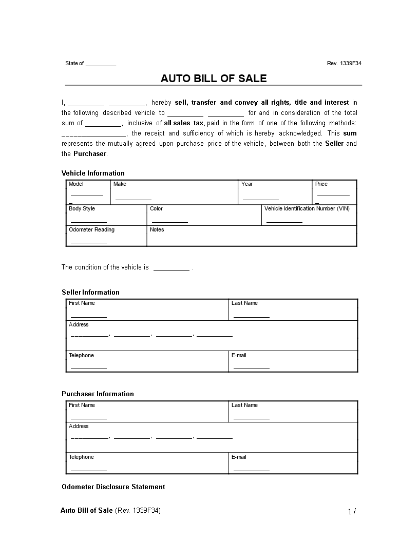 automobile bill of sale Hauptschablonenbild