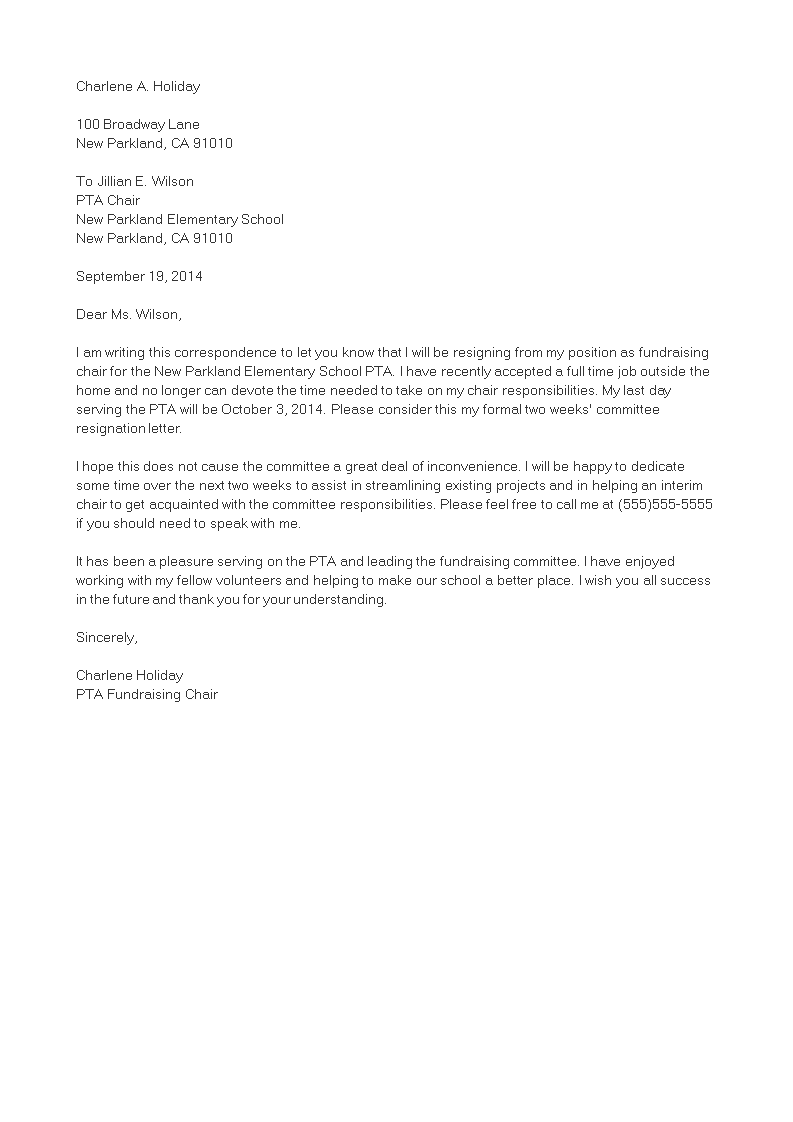 Volunteer Committee Resignation Letter main image