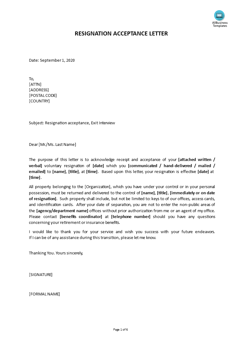 Request For Resignation Acceptance Letter main image