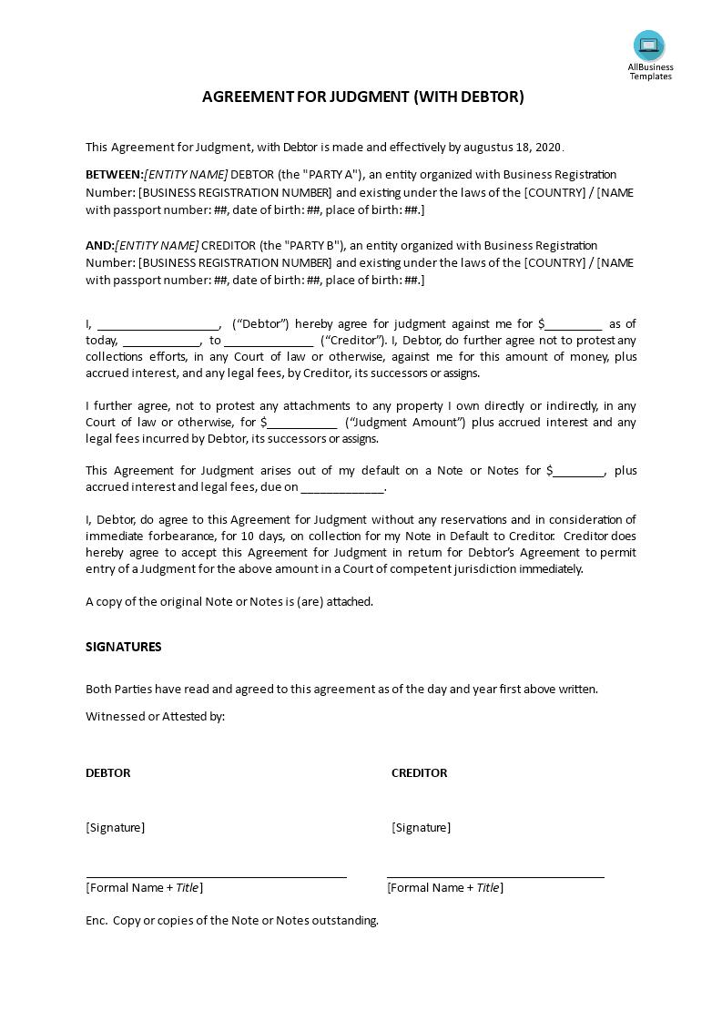 agreement for judgement with debtor template