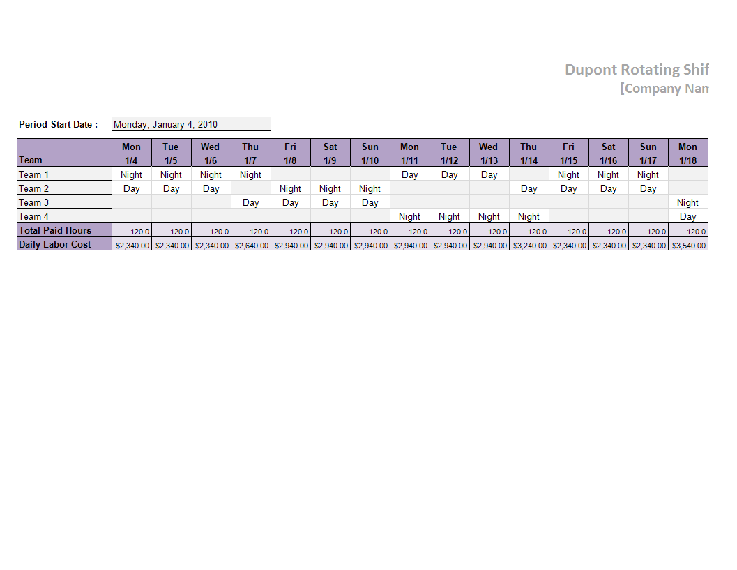Dupont Schedule Template worksheet excel 模板