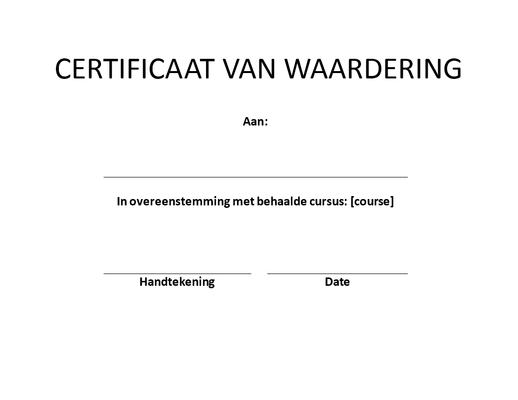 Certificaat van Waardering 模板