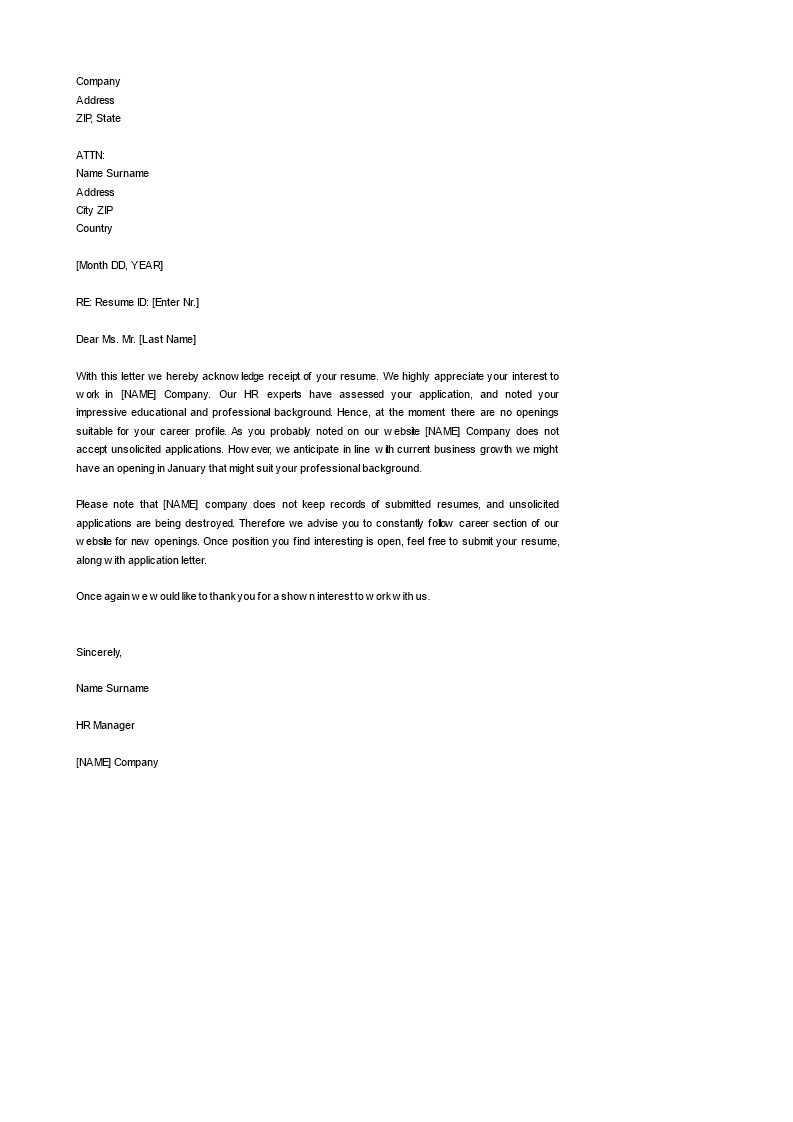 acknowledgement receipt of resume sample letter template