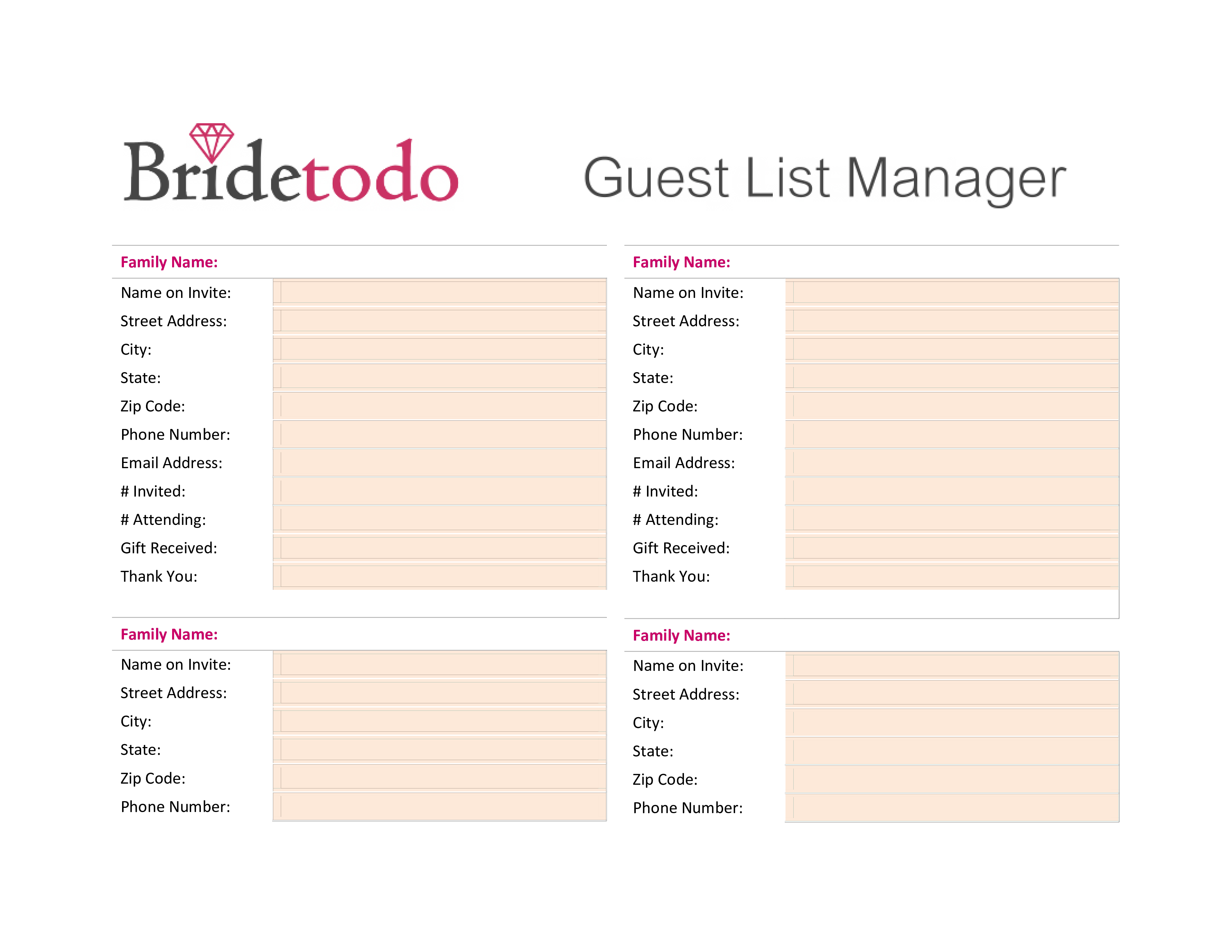 Printable Wedding Guest List 模板