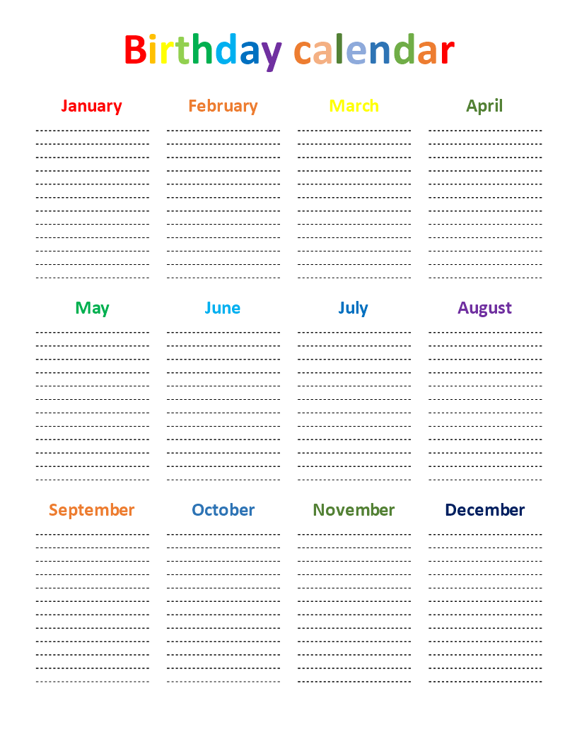 birthday calendar rainbow color chart template