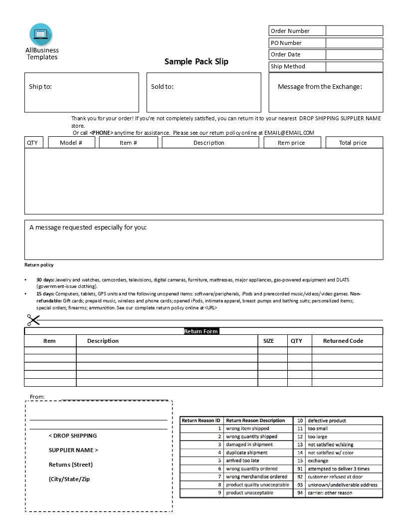 drop shipping packing slip template template