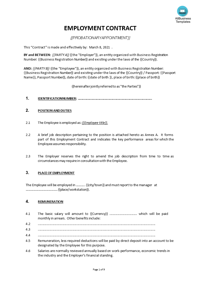 basic employment contract Hauptschablonenbild
