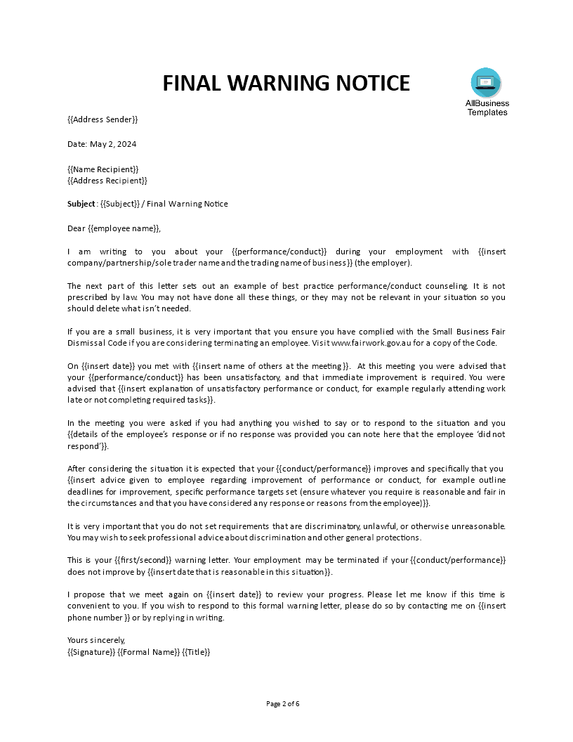 First and Second Warning Letter to Employee main image
