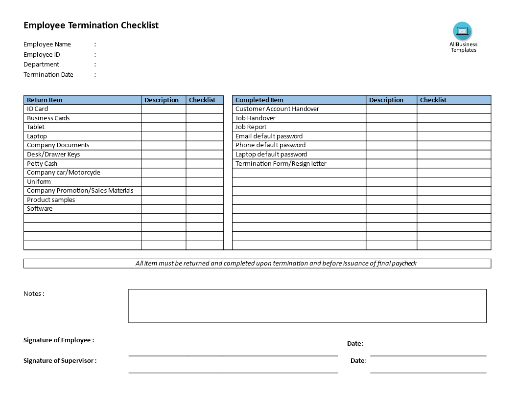 Employee Termination Checklist 模板