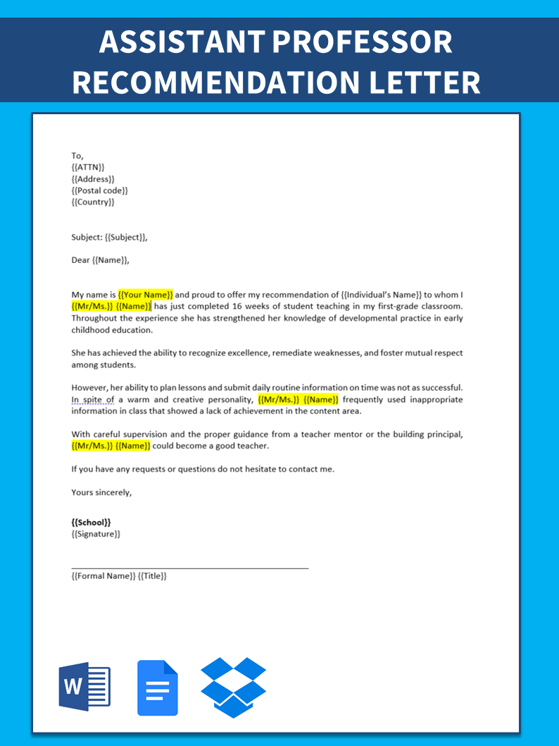 recommendation letter for assistant professor position template