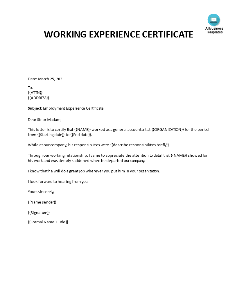 experience letter for accountant template
