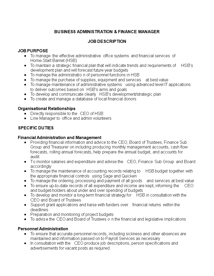 Business Administration Finance Manager Job Description main image