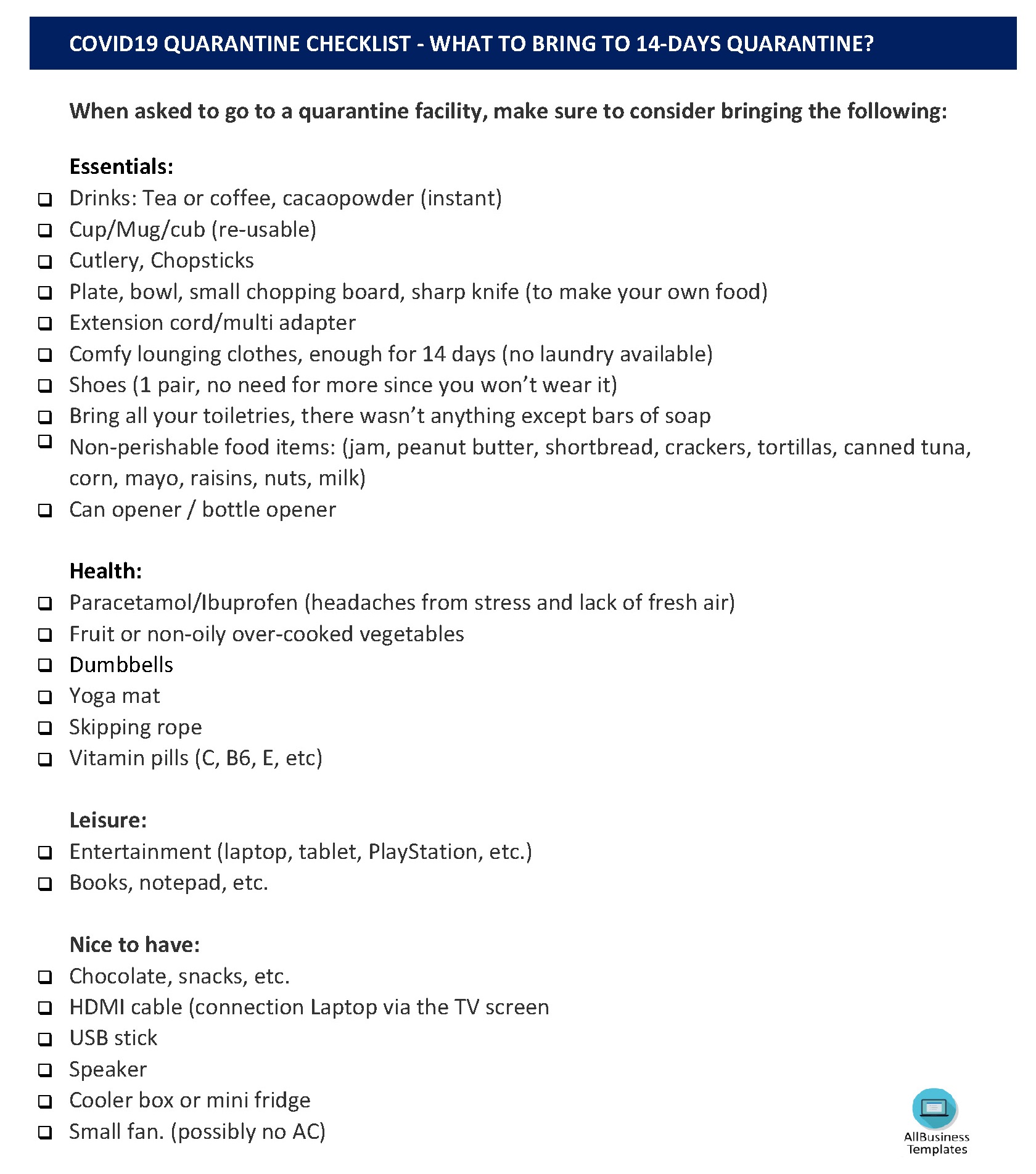 COVID-19 Quarantine checklist main image