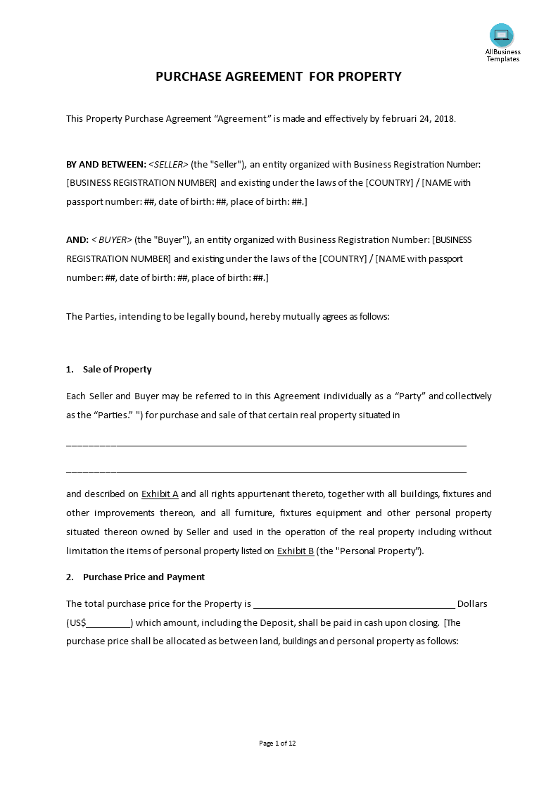 property purchase and sale agreement template