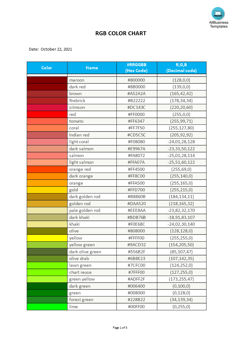 rgb color chart template