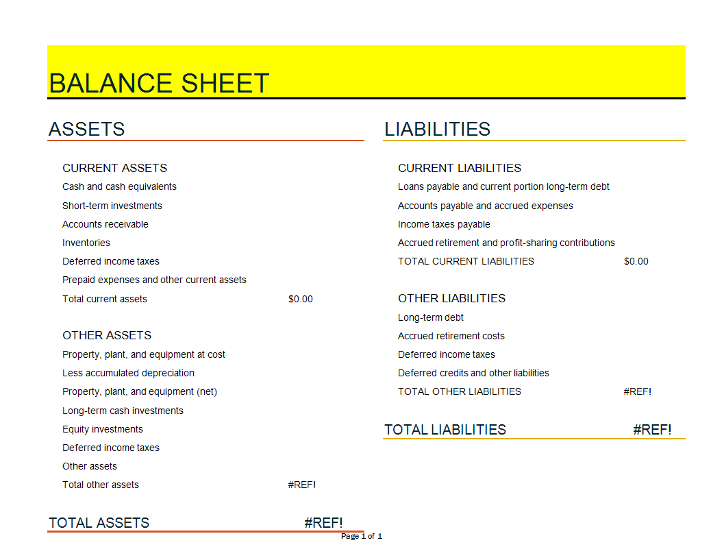 Financial Balance Sheet Excel spreadsheet template main image