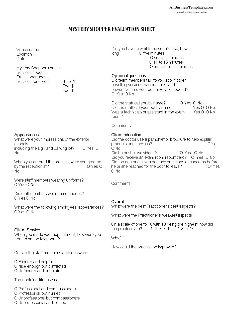 mystery shopper evaluation sheet template