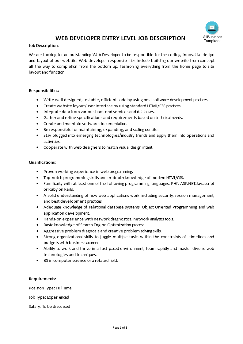 web developer entry level job description template