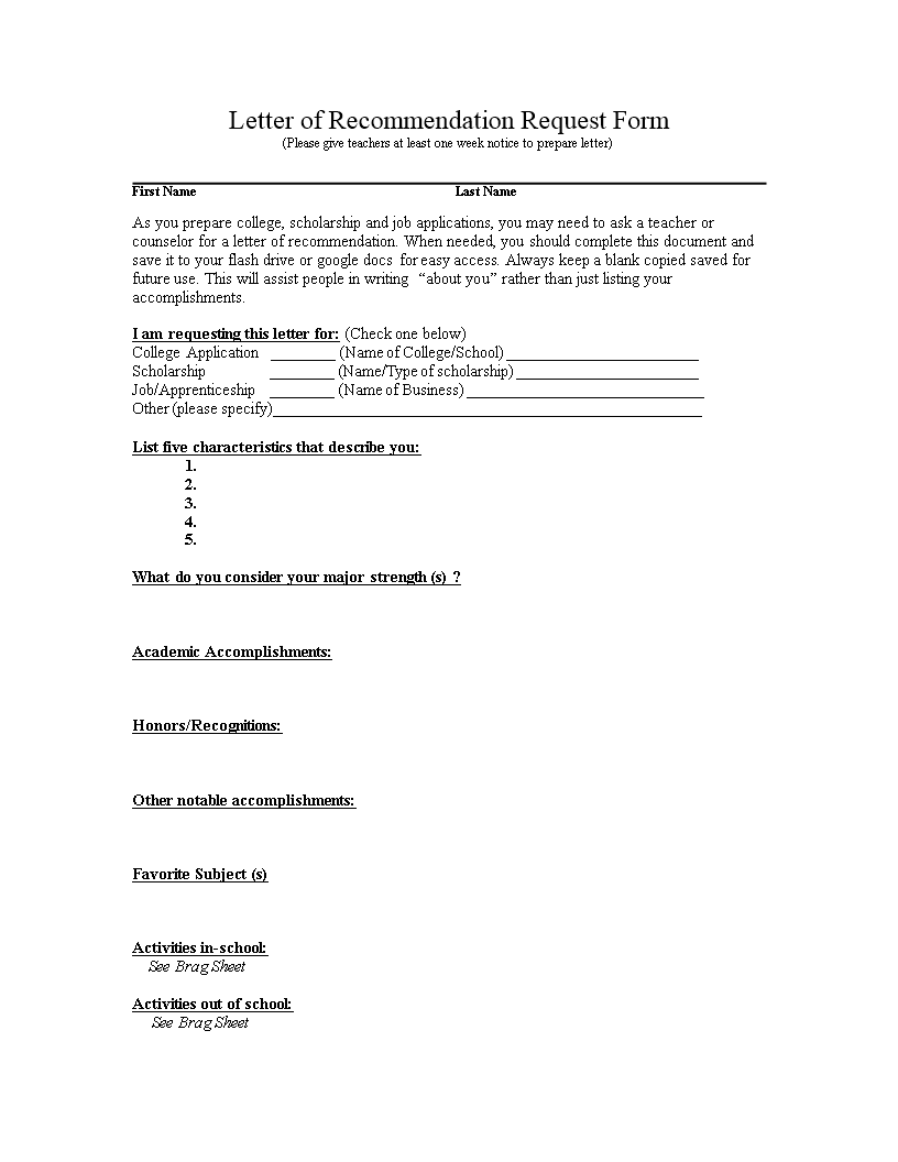 Letter Of Recommendation Request Form main image