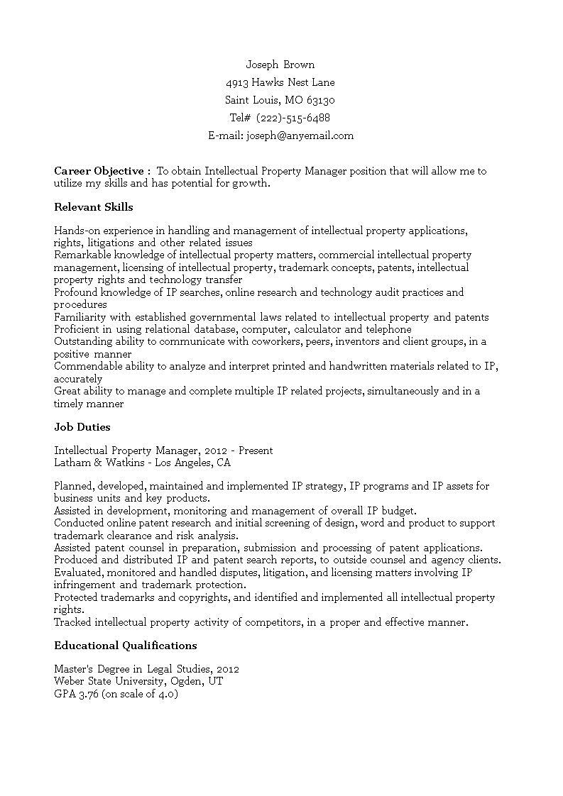 Intellectual Property Manager Resume 模板