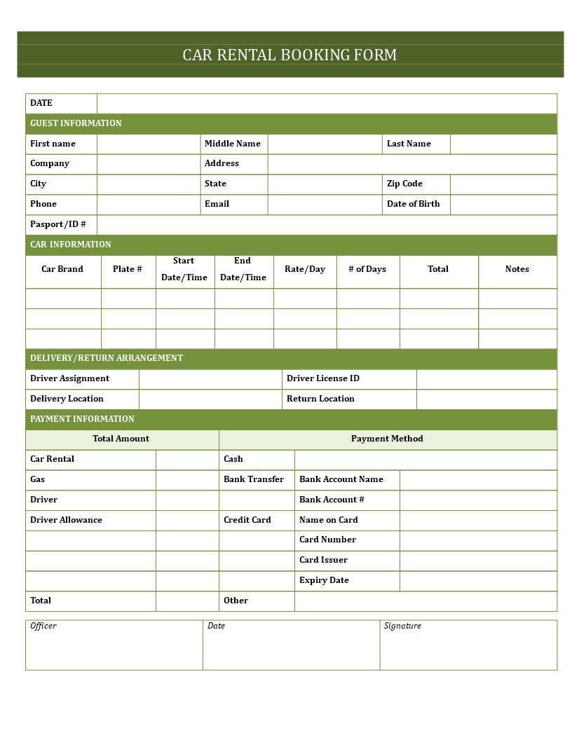 car hire booking form template
