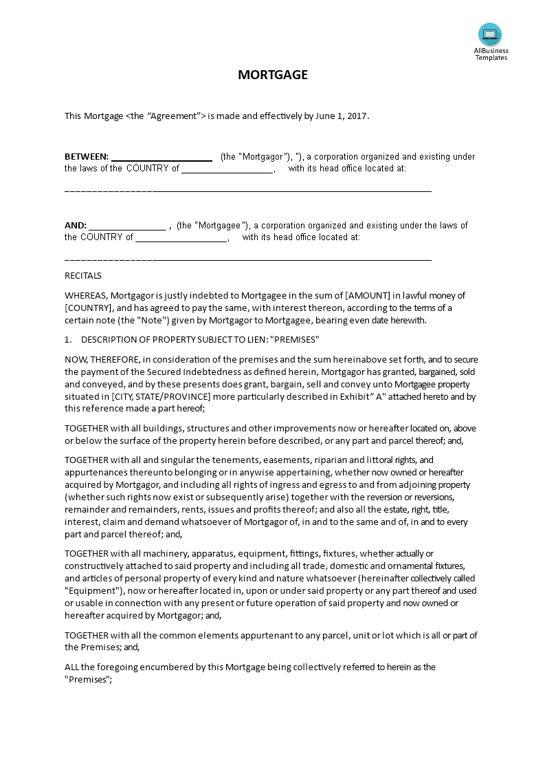 Mortgage of Property Agreement template main image