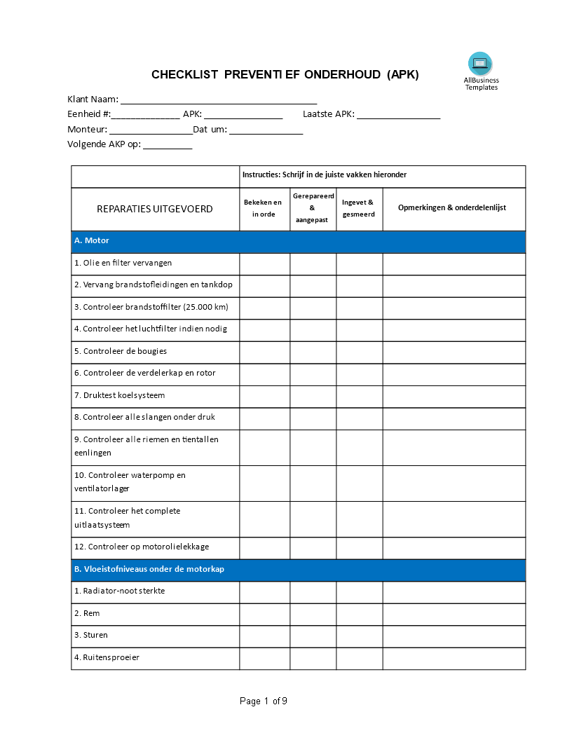 preventief onderhoud checklist plantilla imagen principal