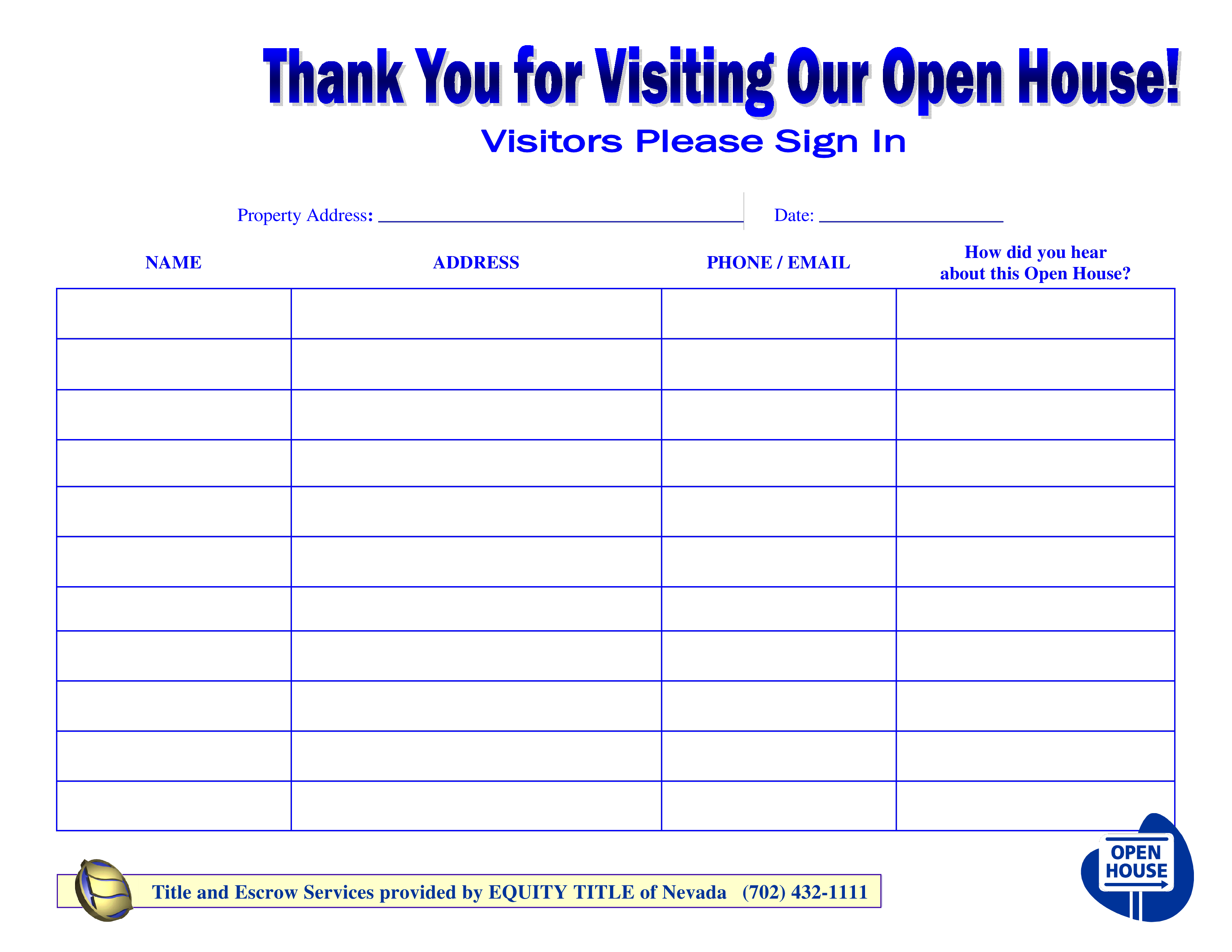 Visitors Open House Sign In Sheet main image