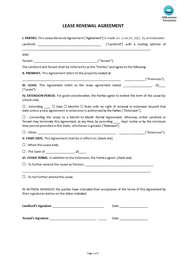lease renewal  agreement template