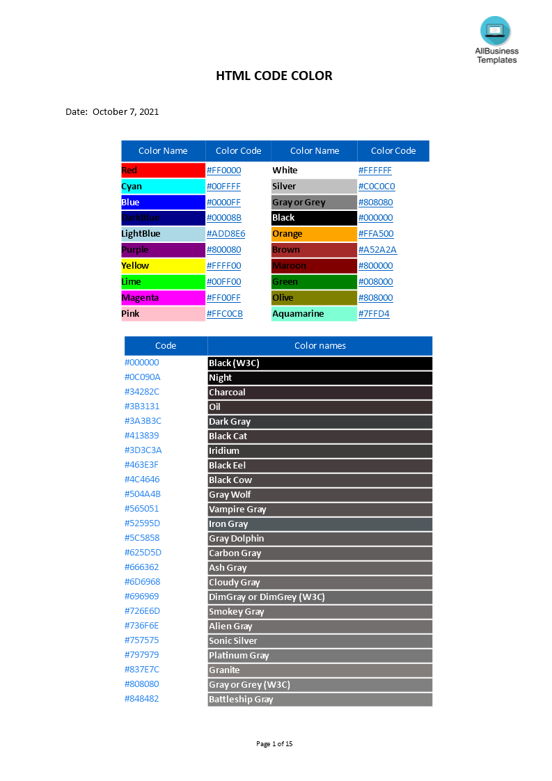 html code color template