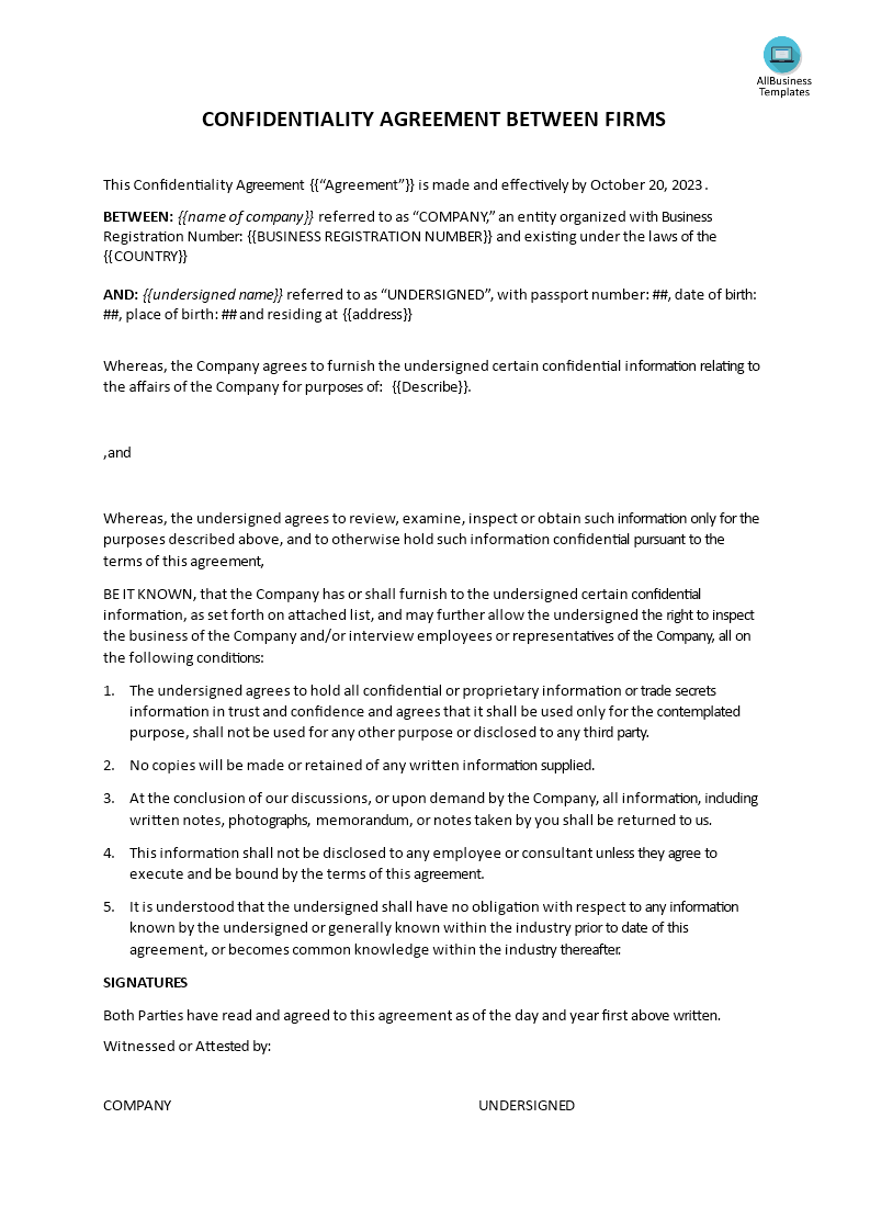 confidentiality agreement between firms modèles