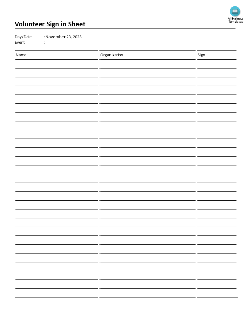 volunteer sign-in sheet template template