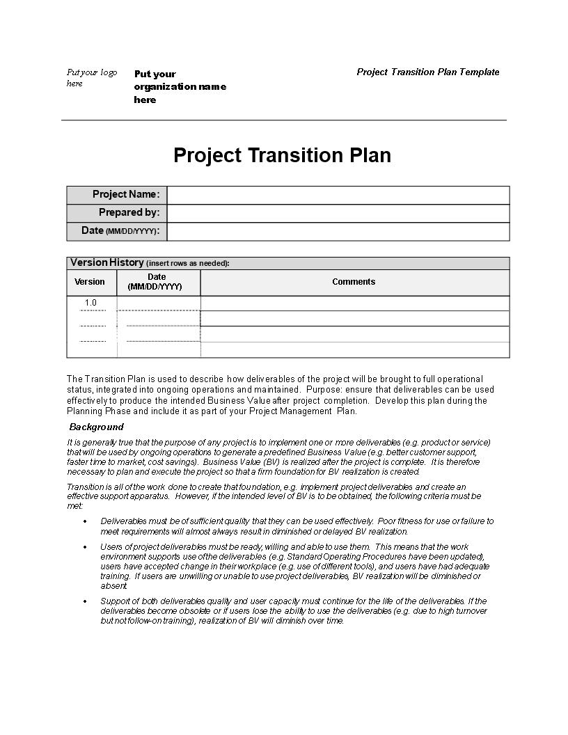 project transition plan template modèles