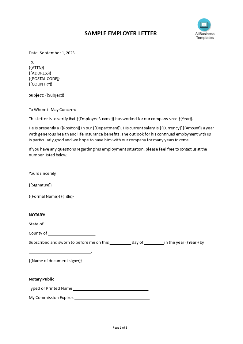 notarized letter of employment template