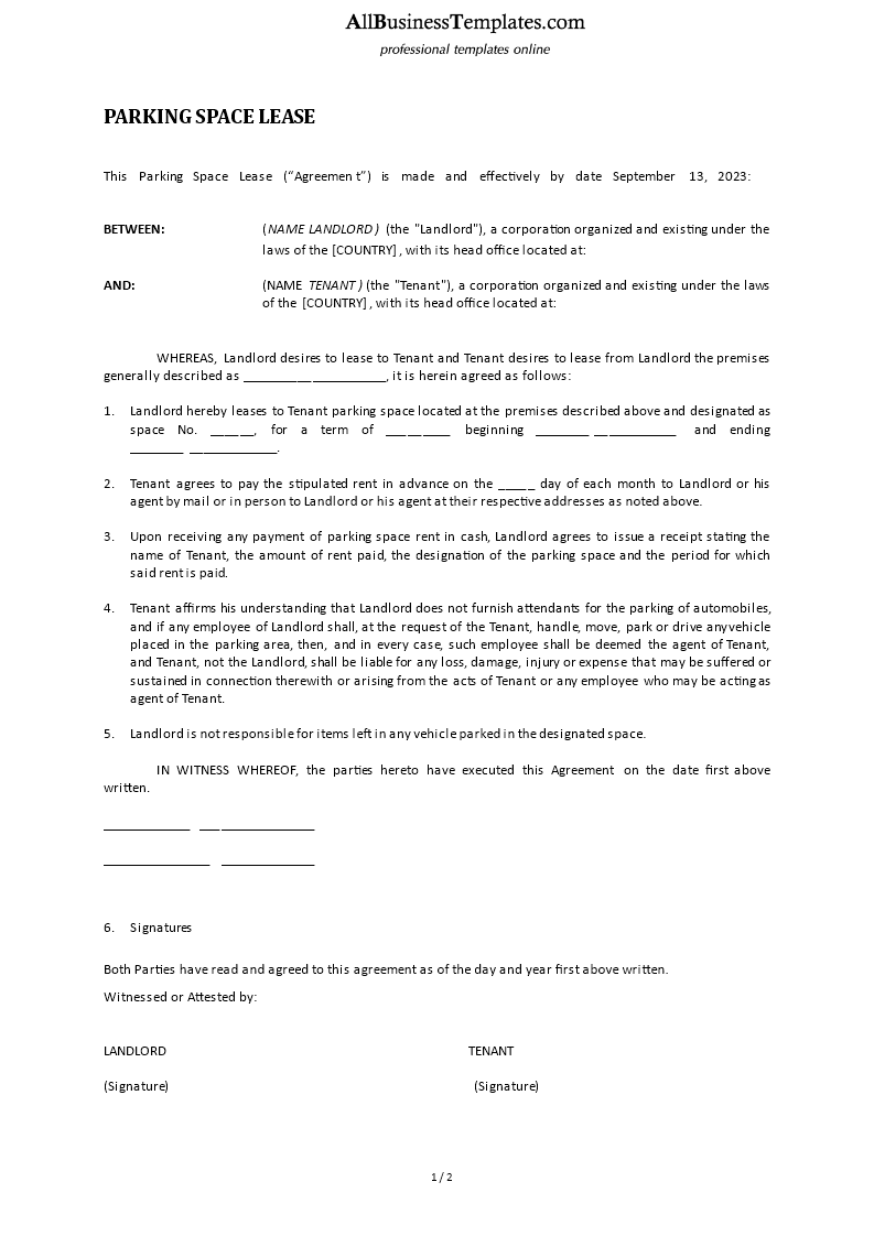 parking space lease agreement template