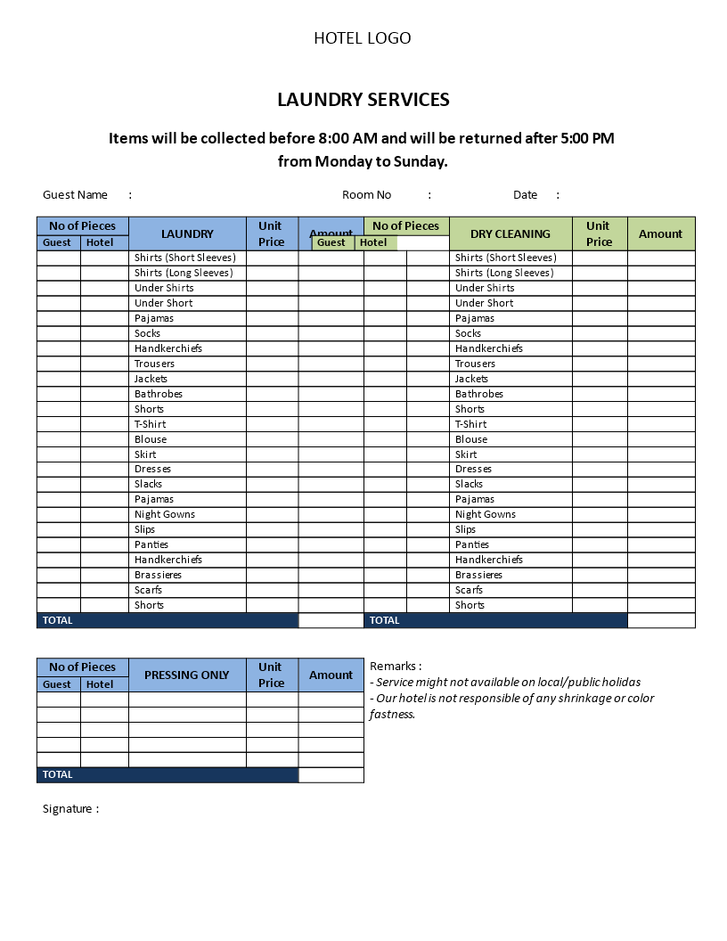 hotel laundry  services price list template