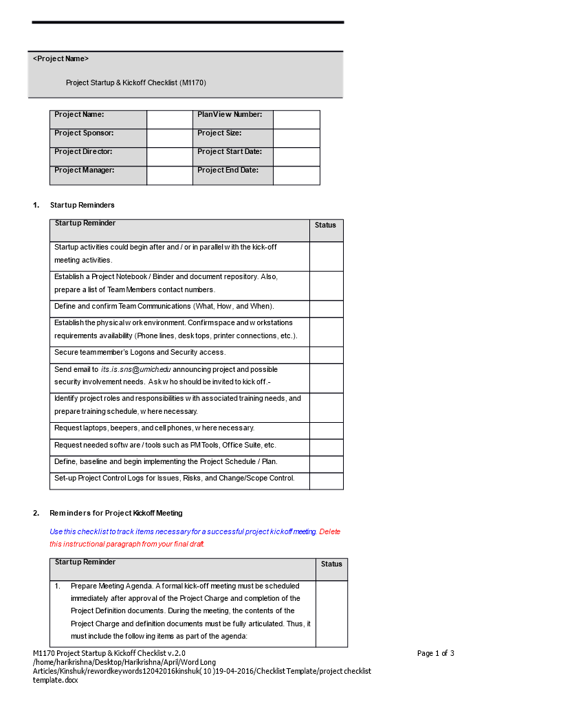 project checklist word format modèles