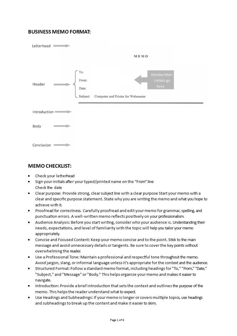 business memo checklist template