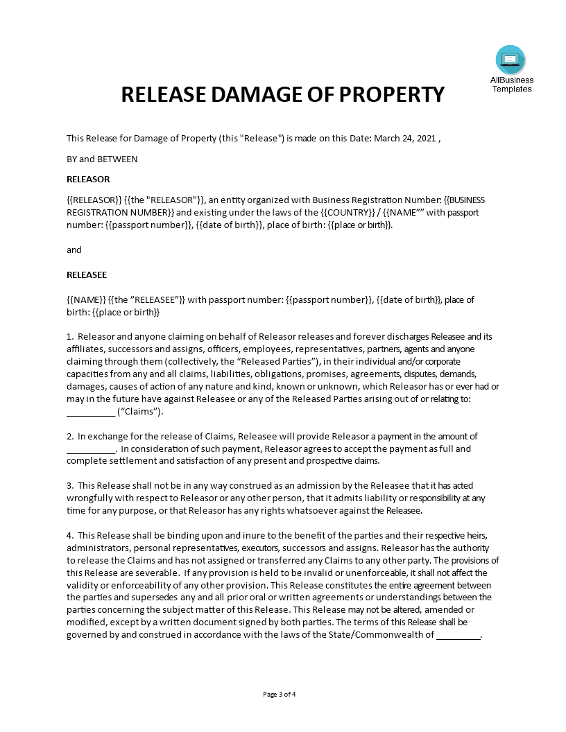 Release Waiver Agreement Damage To Property main image