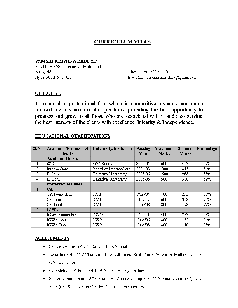 Chartered Accountant Student Resume main image