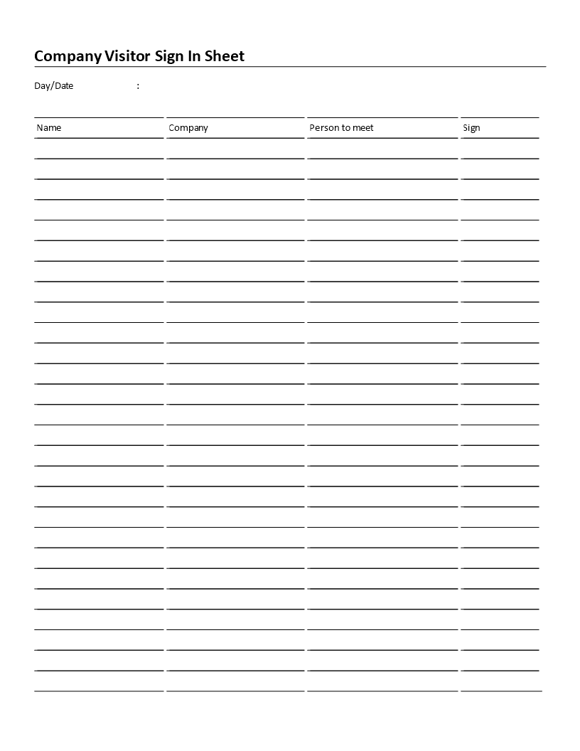 company visitor sign in sheet simple template