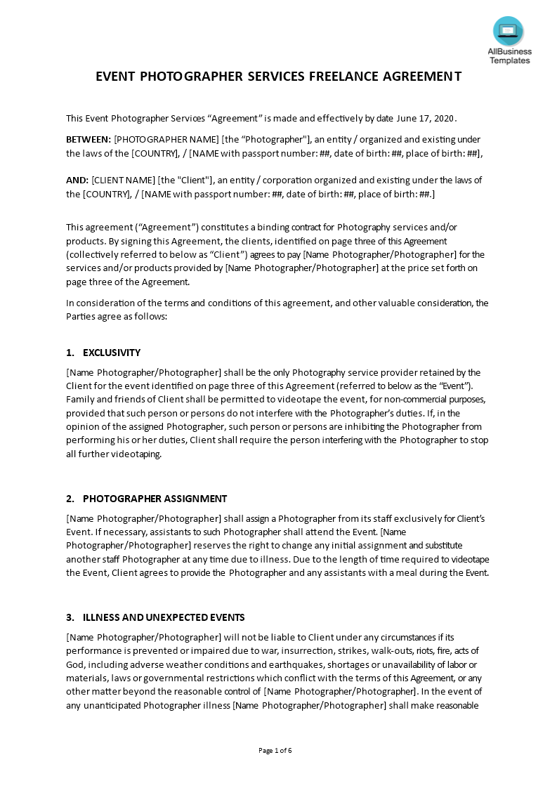 photography services agreement template template