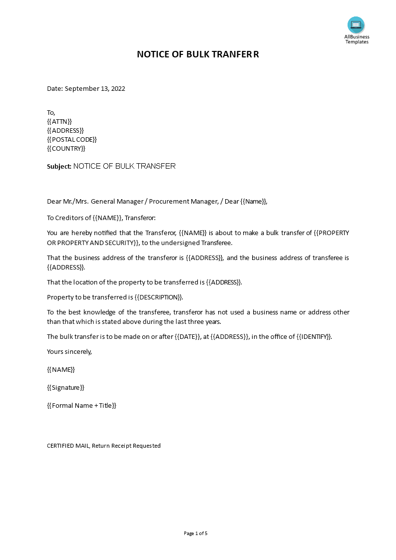 Formal letter notice of bulk transfer 模板
