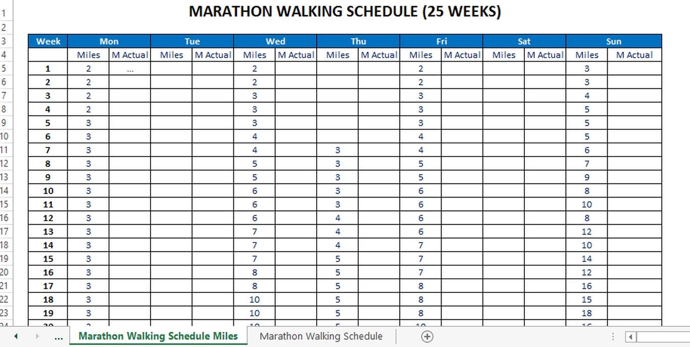 Marathon Running Schedule for starters (in Miles) 模板