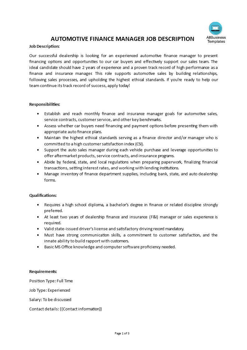 Automotive Finance Manager Job Description main image