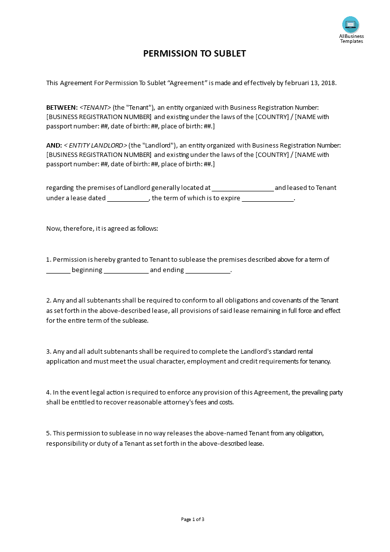 agreement for permission to sublet template